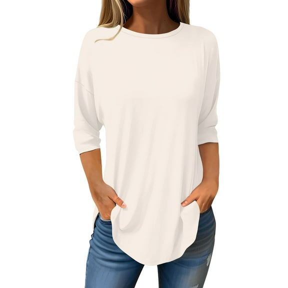 Mohiass Spring Shirts for Women 3/4 Length Sleeve Tops Oversized Floral Tees Tunic 2024 Summer Plus Size Dressy Blouses Tops Beige 3XL