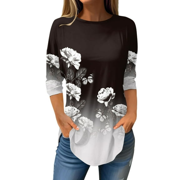 Mohiass Spring Shirts for Women 3/4 Length Sleeve Tops Oversized Floral Tees Tunic 2024 Summer Plus Size Dressy Blouses Tops Light Gray L