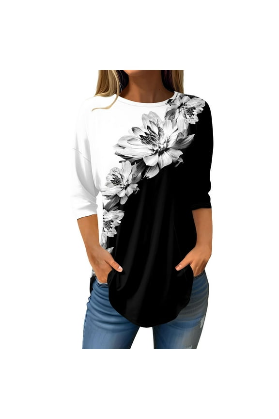 Spring Shirts for Women 3/4 Length Sleeve Tops Oversized Floral Tees Tunic 2024 Summer Plus Size Dressy Blouses Tops White 3XL