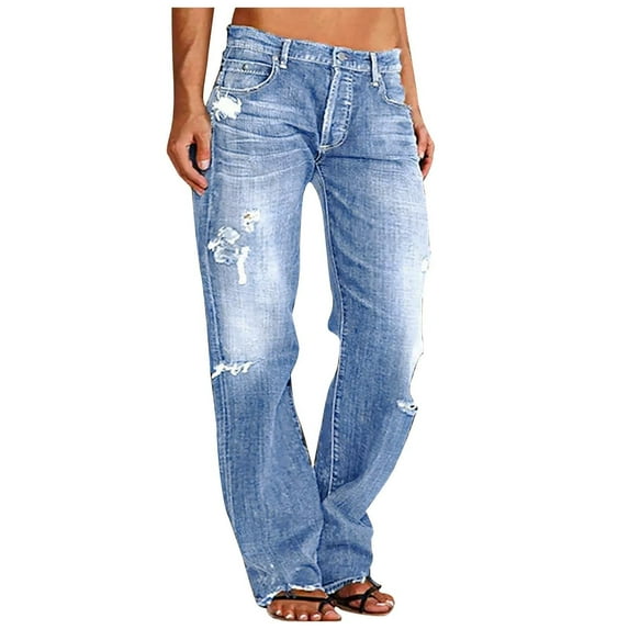 Mohiass Straight Leg Jeans for Women Plus Size Mid Rise Jeans Trendy Ripped Raw Hem Baggy Jeans Casual Trouser Jeans Light Blue XL