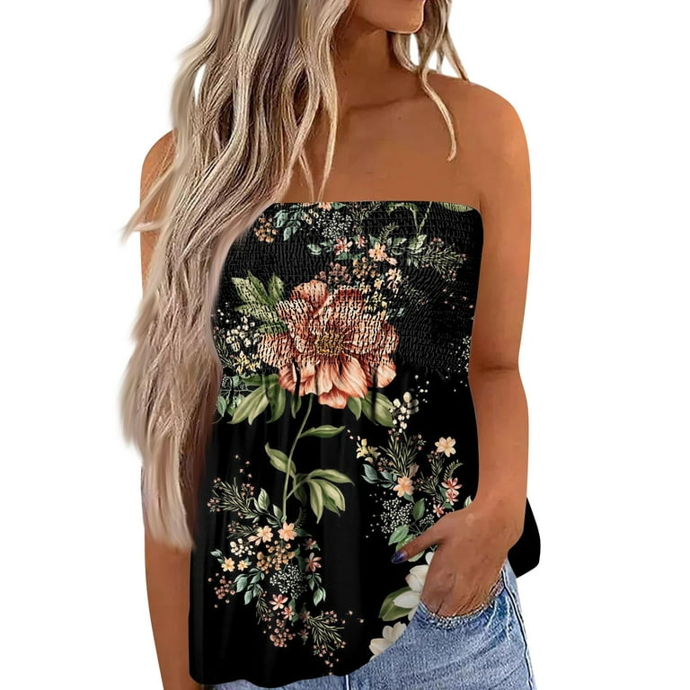 Mohiass Strapless Top Womens Flowy Tube Top Sleeveless Pleated Tanks Summer Backless Top Off Shoulder Bandeau Tank Top Black L