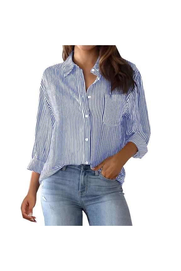 Striped Button Down Shirt Women Classic Long Sleeve Collared Office Work Blouses Tops with Pocket Blue M
