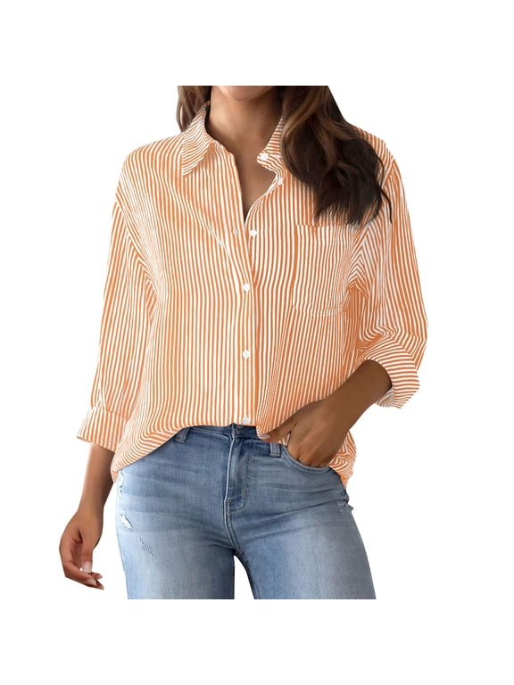 Striped Button Down Shirt Women Classic Long Sleeve Collared Office Work Blouses Tops with Pocket Orange 2XL