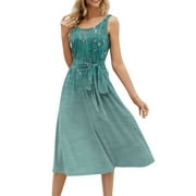 Mohiass Summer Dresses for Women 2024 Beach Loose Round Neck Sleeveless Tie Waist Midi A-Line Swing Sundresses with Pockets Green 2XL