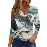 Mohiass Summer Henley V Neck Marble Print Blouse Button Up 3/4 Sleeve Casual Shirts Dressy T Shirts Dark Gray 3XL