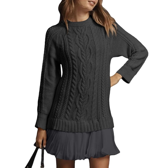 Mohiass Sweater Dress with Skirt,Cable Knit Sweater Dress,Womens Fall Casual Pleated Mini Twofer Style Patchwork Sweater Dresses Black L