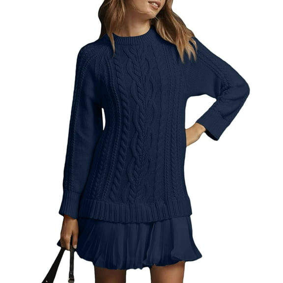 Mohiass Sweater Dress with Skirt, Cableknit Sweater Dress, Crewneck Long Sleeve Pleated Mini Dress Navy M
