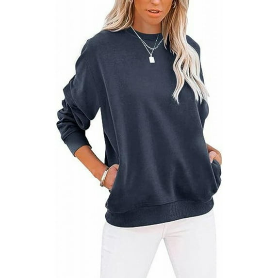 Mohiass Sweatshirts for Women No Hood Plain Fall Long Sleeve Pullover Casual Crewneck Trendy Side Pockets Shirts Navy S