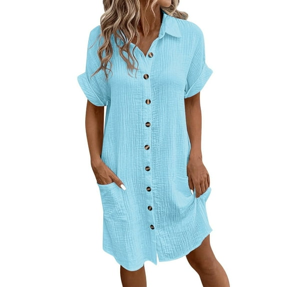 Mohiass T Shirt Dresses for Women 2024 Summer Button Down Short Sleeve Dresses Casual Midi Shirt Dress with Pockets Blue S