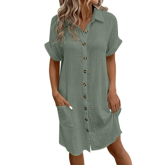 Mohiass T Shirt Dresses for Women 2024 Summer Button Down Short Sleeve Dresses Casual Midi Shirt Dress with Pockets Green XL