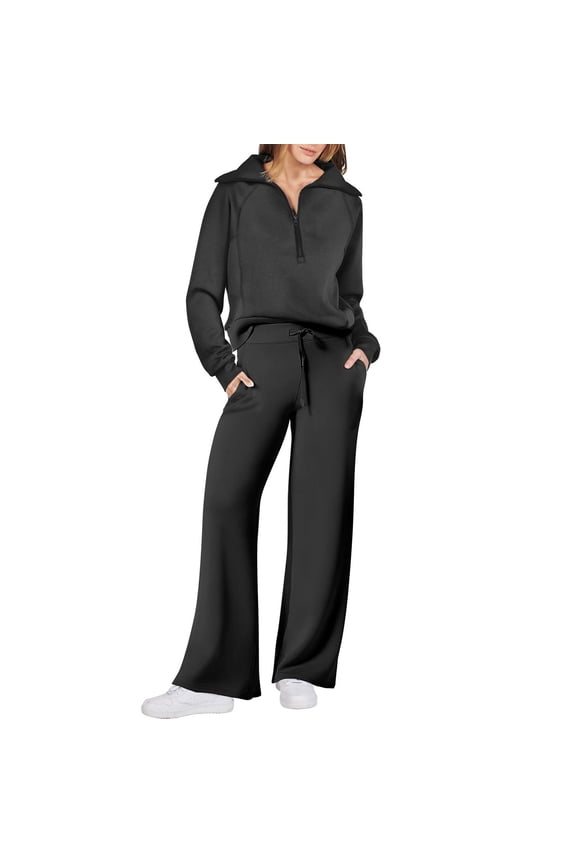 Travel Lounge Sets for Women 2 Piece Long Sleeve Sweatsuits Half Zip Sweatshirts with Baggy Joggers Sweatpants Black L