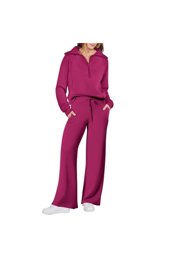 Travel Lounge Sets for Women 2 Piece Long Sleeve Sweatsuits Half Zip Sweatshirts with Baggy Joggers Sweatpants Hot Pink XL
