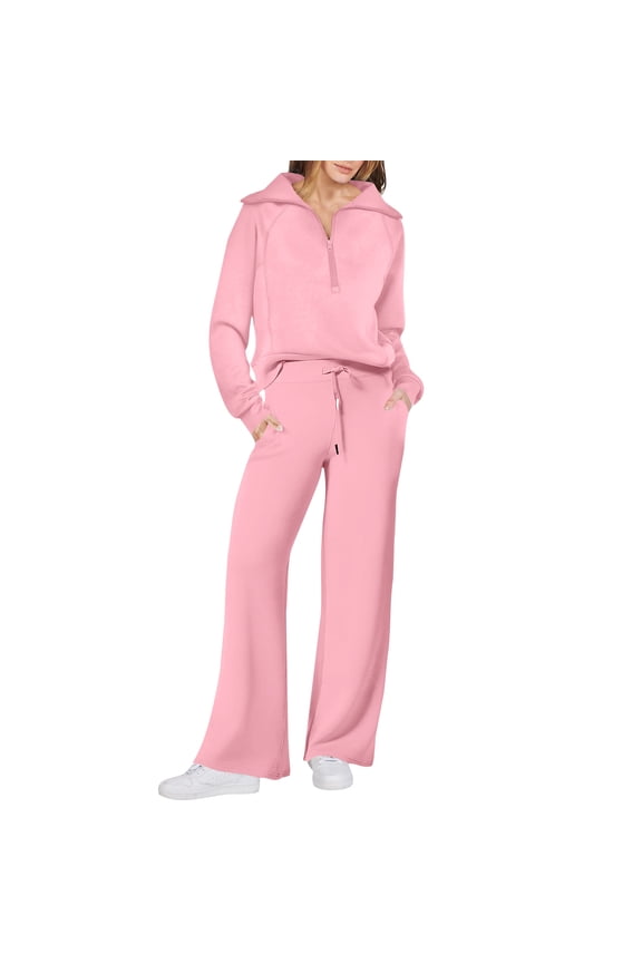 Travel Lounge Sets for Women 2 Piece Long Sleeve Sweatsuits Half Zip Sweatshirts with Baggy Joggers Sweatpants Pink 2XL