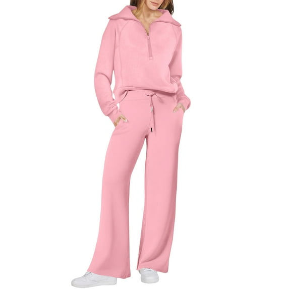 Mohiass Travel Lounge Sets for Women 2 Piece Long Sleeve Sweatsuits Half Zip Sweatshirts with Baggy Joggers Sweatpants Pink XL