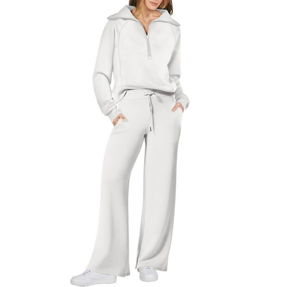 Mohiass Travel Lounge Sets for Women 2 Piece Long Sleeve Sweatsuits Half Zip Sweatshirts with Baggy Joggers Sweatpants White M