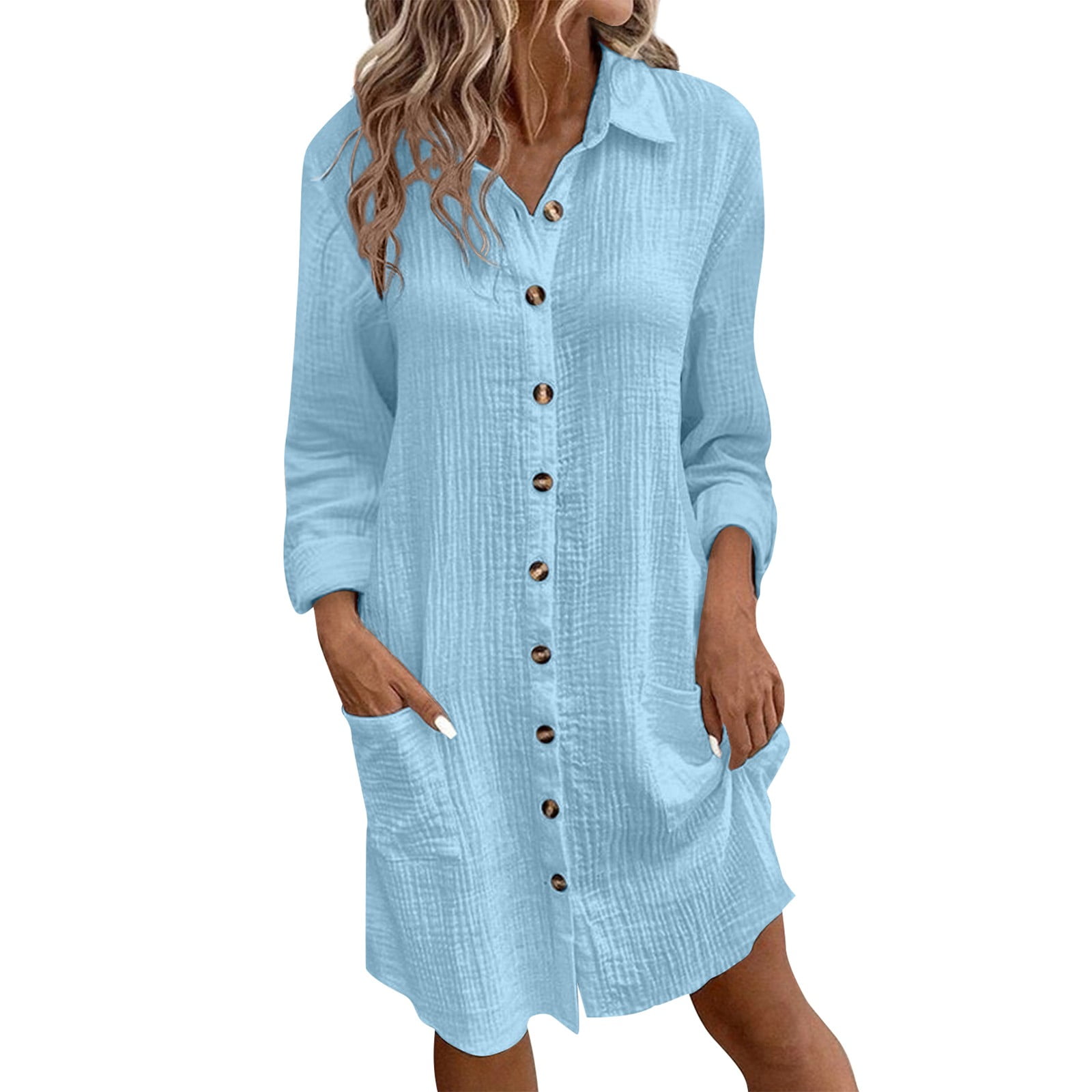 blue long sleeve t shirt dress Vsssj Women 3/4 Sleeve Plain Loose Comfy Midi T-Shirt Dresses Round Neck Solid Color Casual Swing Simple Loungewear Long Dress Blue S, Women's, Size: