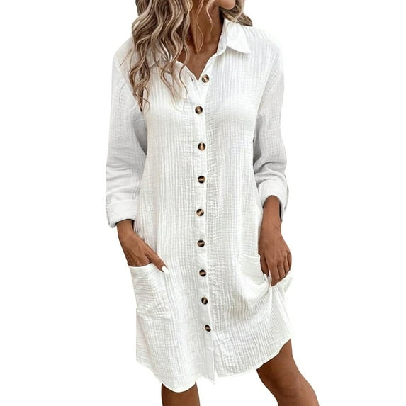 Mohiass Tshirt Dress Women 2024 Fall Button Down Long Sleeve Dresses Casual Midi Shirt Dress with Pockets White XL