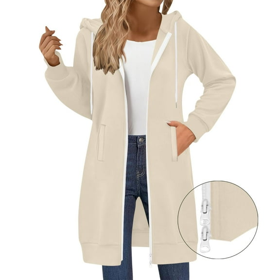 Mohiass Tunic Zip Up Hoodies for Women Long Sleeve Fleece Two Way Zipper Long Sweater Fall Drawstring Casual 2025 Jacket Coat with Pocket Beige L