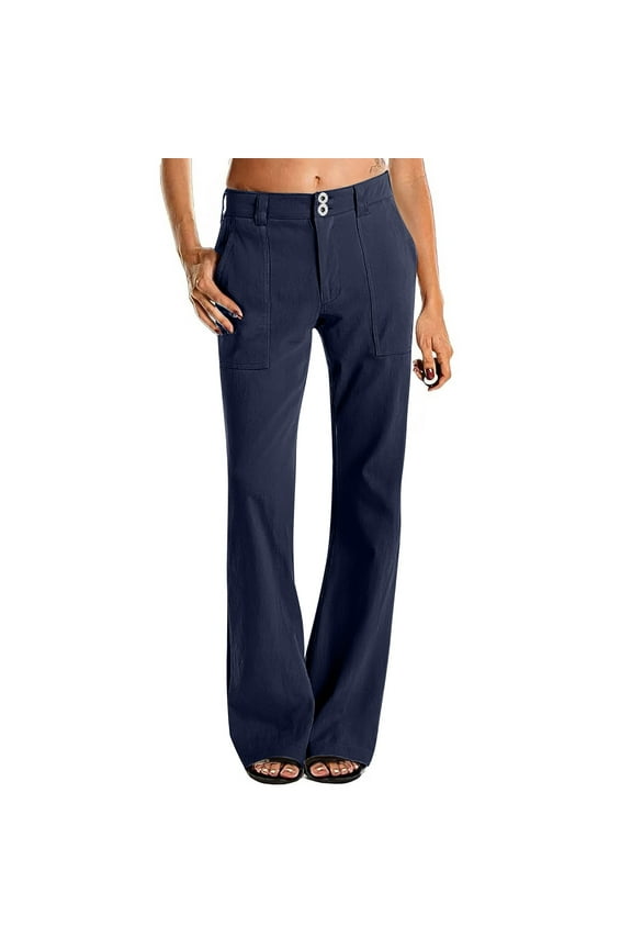 Twill Palazzo Pants for Women Casual Y2K Stretch High Waisted Chino Pants Slim Fit Wide Leg Dress Pants with Pockets Navy XL