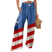 Mohiass USA Flag Print High Waisted Linen Pants Women Independence Day Wide Leg Palazzo Pants Patriotic Smocked Lounge Pants 4th of July Stars Striped Trousers Blue S