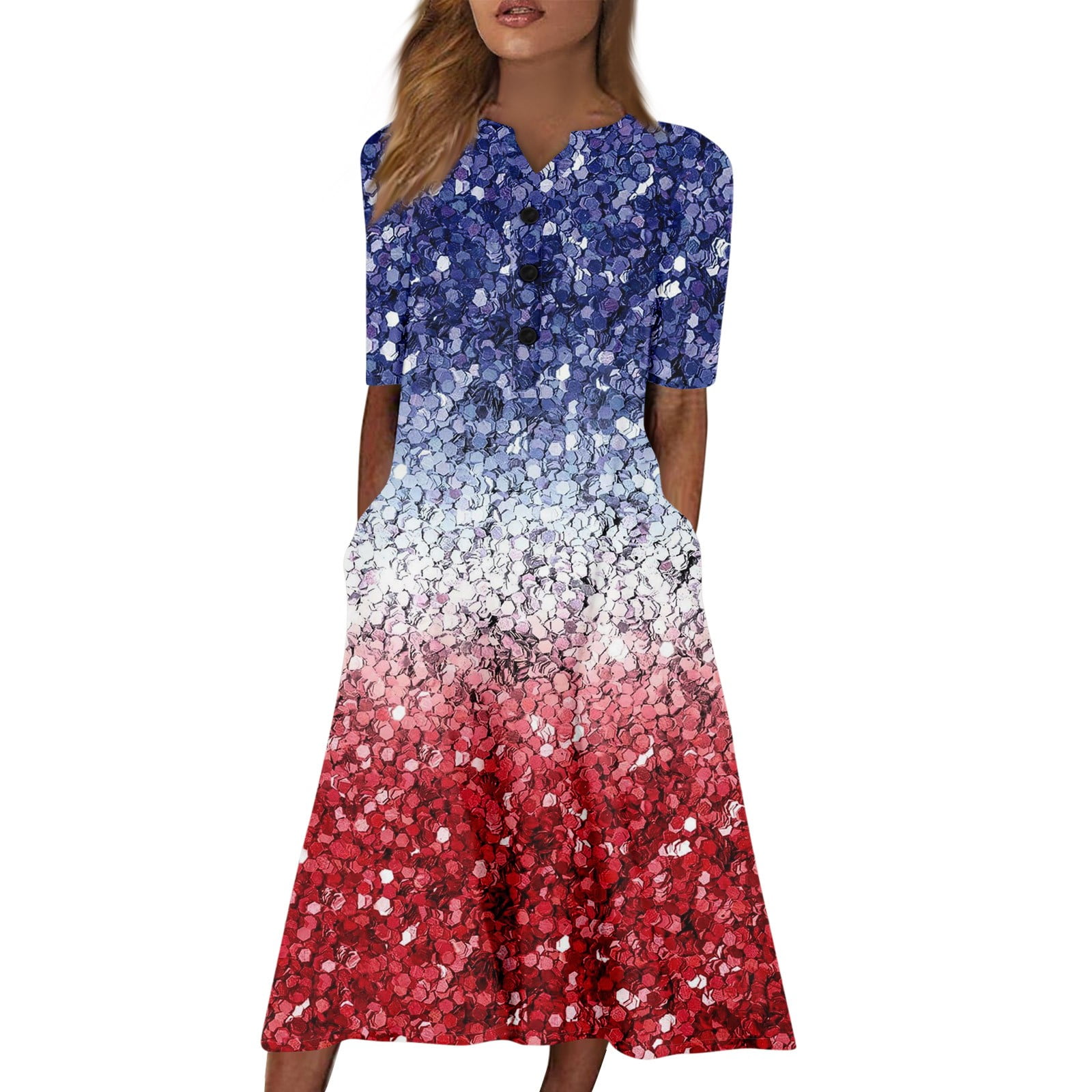 Mohiass Usa Flag Print V Neck Long Dress Women Patriotic Short Sleeve Maxi Dresses Independence