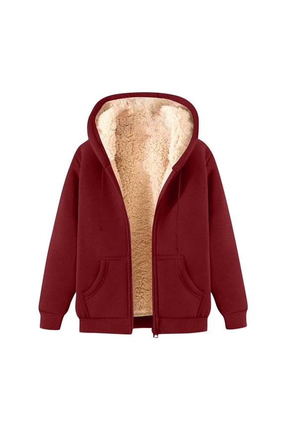 Unisex Women's Fleece Hoodie Jacket Cozy Sherpa Lined Zip Up Warm Hoodie Sweatshirt Winter Fluffy Sweater Hooded Coat Wine M
