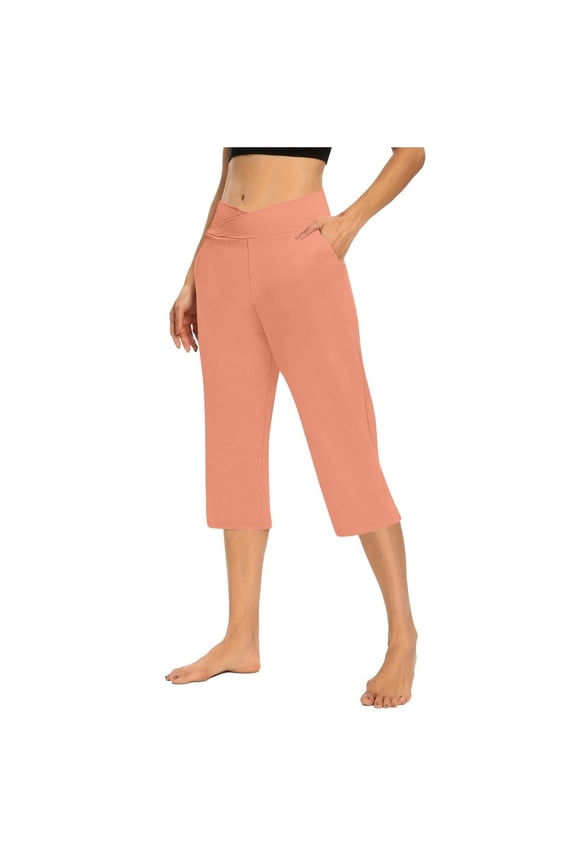 V Crossover Capri Pants for Women, Summer Casual Pull On Womens Capris with Pockets, Women's Casual Pants & Capris, Ladies Capris Watermelon Red 2XL