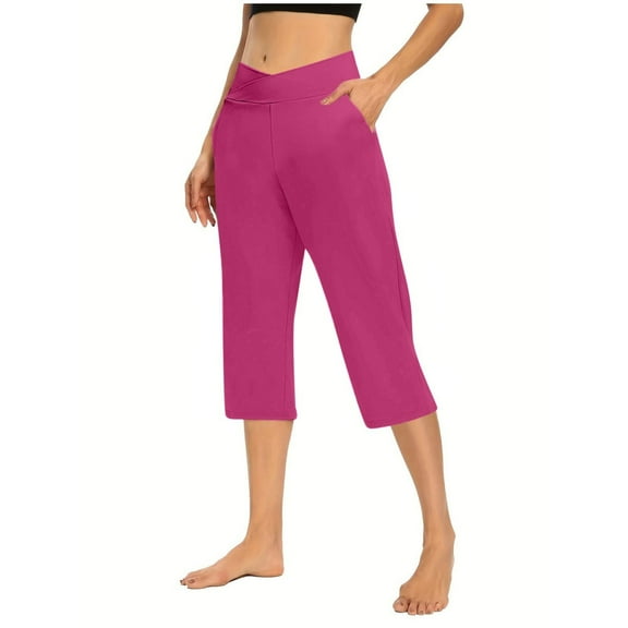 Mohiass V Crossover Capris for Women Dressy Casual Stretch Lightweight Capri Elastic High Waist Lounge Pants 2025 Summer Hot Pink S