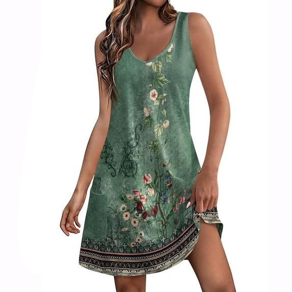 Mohiass V Neck Sleeveless Tank Summer Dresses for Women Solid Color Beach 2024 Casual Boho Dress Army Green XL