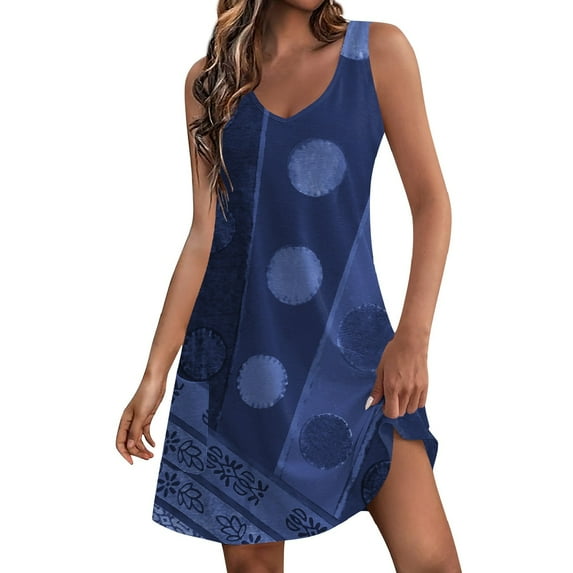 Mohiass V Neck Sleeveless Tank Summer Dresses for Women Solid Color Beach 2024 Casual Boho Dress Dark Blue M
