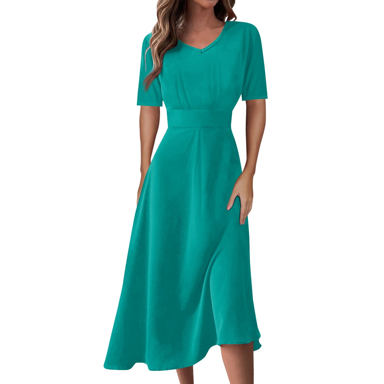 Mohiass V Neck Swing 2024 Casual Midi Dress for Women Short Sleeve ...