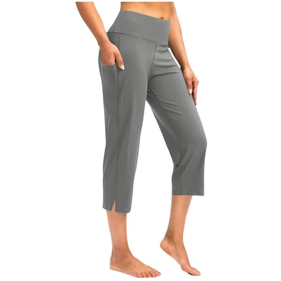 Mohiass Wide Leg Capri Pants for Women with Pockets Yoga Summer Capri Pants for Women High Waisted Tummy Control Women's Capri Pants Gray M