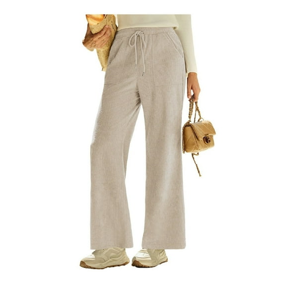 Mohiass Wide Leg Corduroy Pants Women Drawstring High Waisted Business Casual Work Trousers Vintage Dress Pants with Pockets Beige L