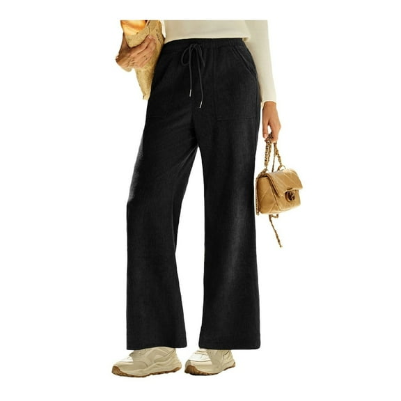 Mohiass Wide Leg Corduroy Pants Women Drawstring High Waisted Business Casual Work Trousers Vintage Dress Pants with Pockets Black L