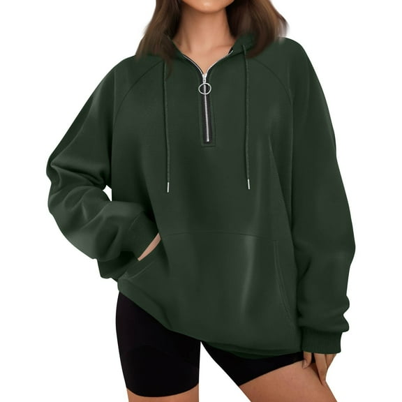 Mohiass Women Hoodies Casual Half Zip Sweatshirt Drawstring Long Sleeve Pullover Fall Winter Clothes with Pockets Dark Green 3XL