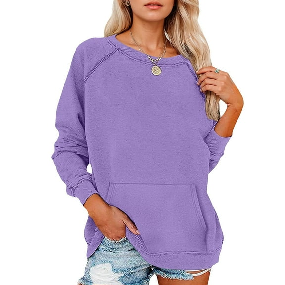 Mohiass Womens Casual Crew Neck Fall Sweatshirt with Pockets Loose Fit Soft Long Sleeve Lightweight Pullover Tops Purple S