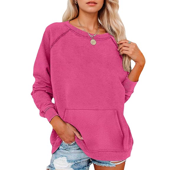 Mohiass Womens Casual Crew Neck Fall Sweatshirt with Pockets Loose Fit Soft Long Sleeve Lightweight Pullover Tops Hot Pink S