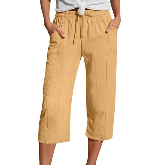 Mohiass Women Capri Pants Clearance High Waisted Summer Linen Capri Pants for Women Drawstring Wide Leg Cotton Linen Capri Pants for Women Pull on with Pockets Yellow S