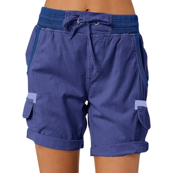 Mohiass Women Cargo Shorts Plus Size Casual Bermuda Shorts Outdoor High Waisted Drawstring Hiking Shorts with Pockets Dark Blue XL