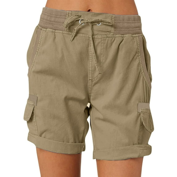 Mohiass Women Cargo Shorts Plus Size Casual Bermuda Shorts Outdoor High Waisted Drawstring Hiking Shorts with Pockets Light Brown 3XL