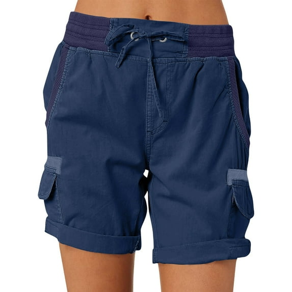 Mohiass Women Cargo Shorts Plus Size Casual Bermuda Shorts Outdoor High Waisted Drawstring Hiking Shorts with Pockets Navy XL