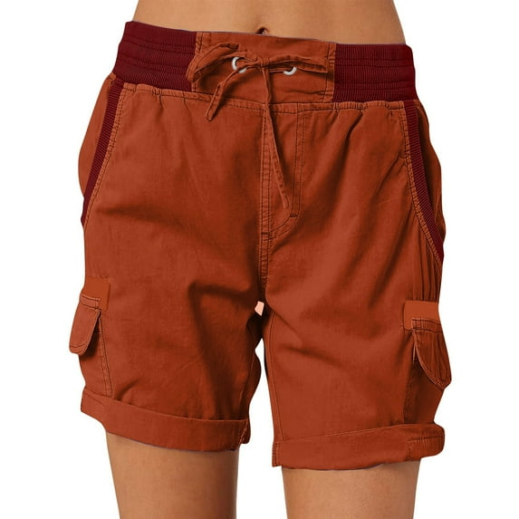 Mohiass Women Cargo Shorts Plus Size Casual Bermuda Shorts Outdoor High Waisted Drawstring Hiking Shorts with Pockets Wine S