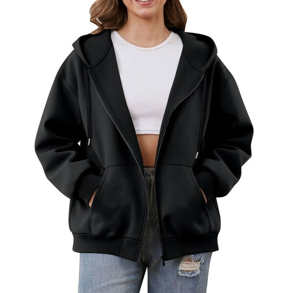 Mohiass Women Casual Zip Up Fleece Hoodies Relaxed Fit Oversized Sweatshirt with Hood Lightweight Fall Jackets for Women 2025 Black M