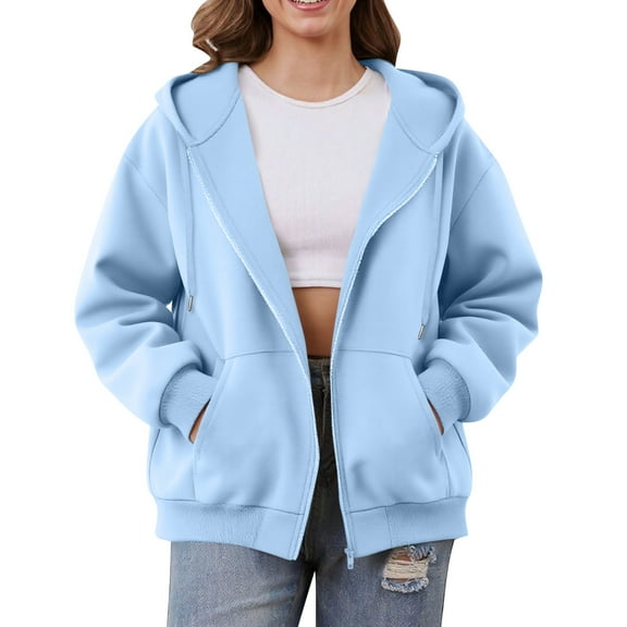 Mohiass Women Casual Zip Up Fleece Hoodies Relaxed Fit Oversized Sweatshirt with Hood Lightweight Fall Jackets for Women 2025 Light Blue L