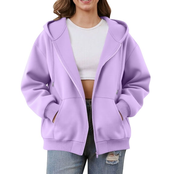 Mohiass Women Casual Zip Up Fleece Hoodies Relaxed Fit Oversized Sweatshirt with Hood Lightweight Fall Jackets for Women 2025 Light Purple S