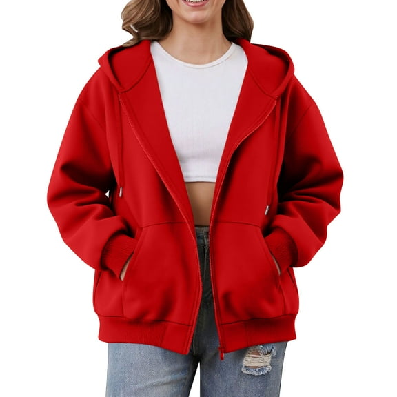 Mohiass Women Casual Zip Up Fleece Hoodies Relaxed Fit Oversized Sweatshirt with Hood Lightweight Fall Jackets for Women 2025 Red L