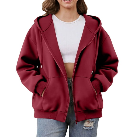 Mohiass Women Casual Zip Up Fleece Hoodies Relaxed Fit Oversized Sweatshirt with Hood Lightweight Fall Jackets for Women 2025 Wine XL