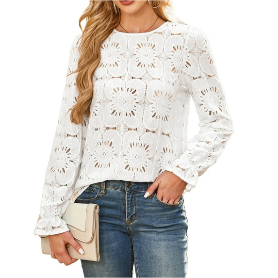 Mohiass Women Eyelet Long Sleeve Tops Shirts Dressy Hollow Out Crochet Lace Embroidered Blouses 2025 Fashion Cute Going Out Shirts White 2XL