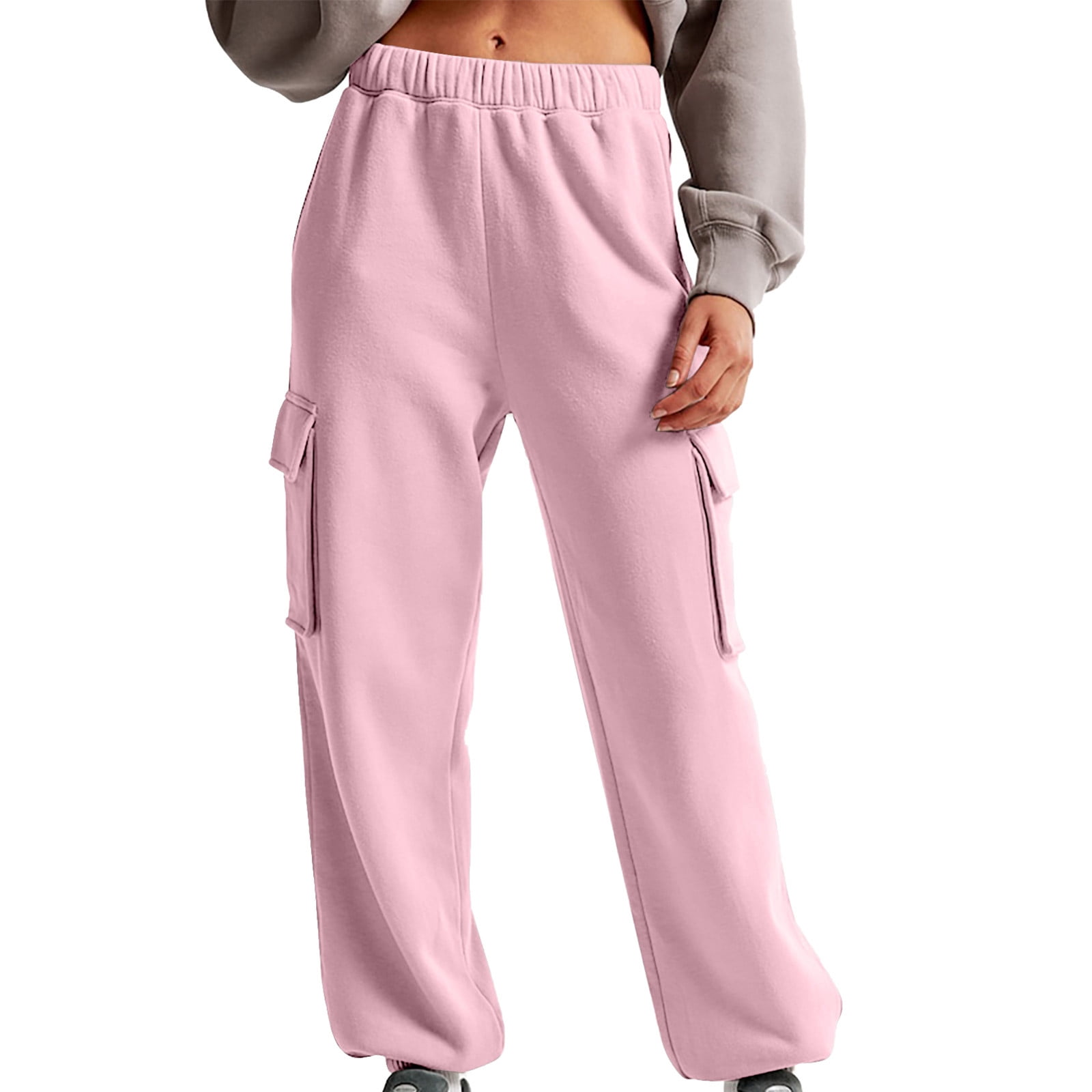 Mohiass Women Fleece Cargo Sweatpants High Waisted Casual Baggy Joggers Pants Pink S
