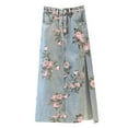 thumbnail image 1 of Mohiass Women Floral Print Long Denim Jean Skirt Printed Midi A Line Skirt Side Slit Denim Jean Flare Skirt Blue 4XL, 1 of 9